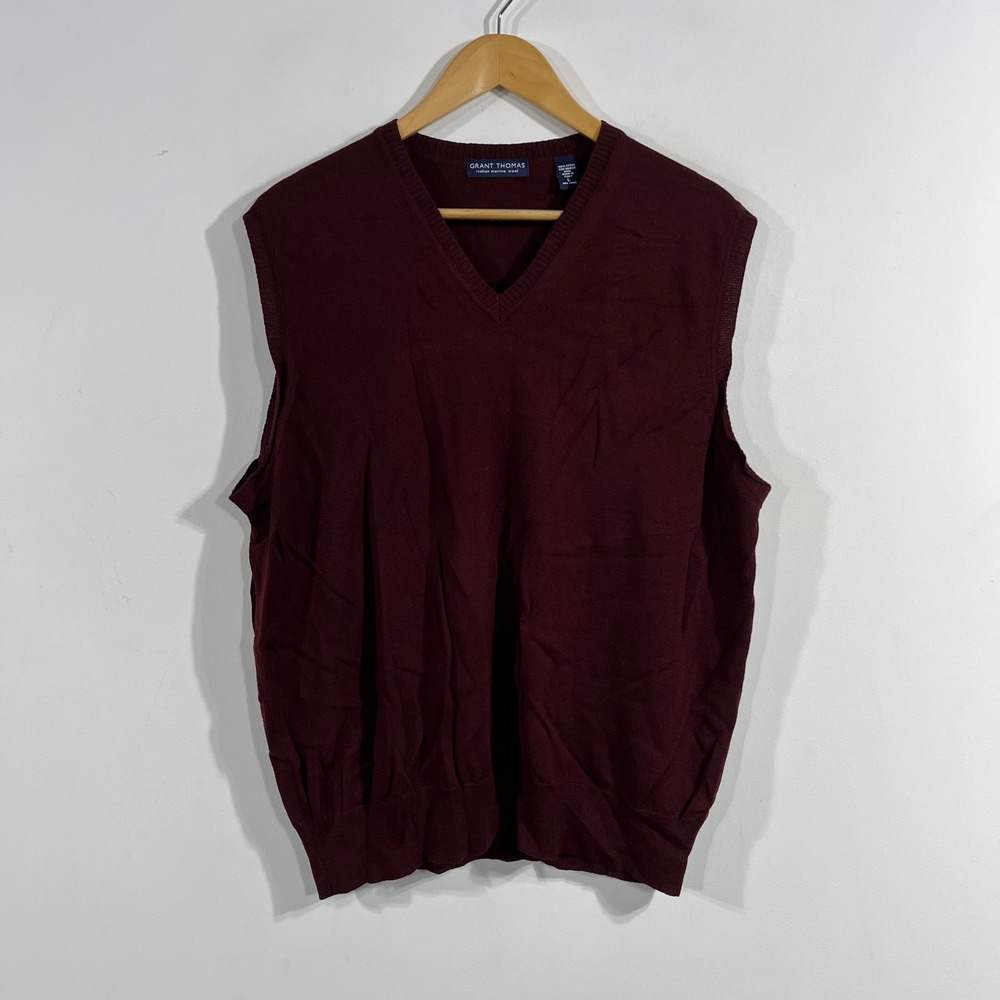 Grant Thomas Italian Merino Wool V-Neck Sweater Vest Burgundy Large Academina